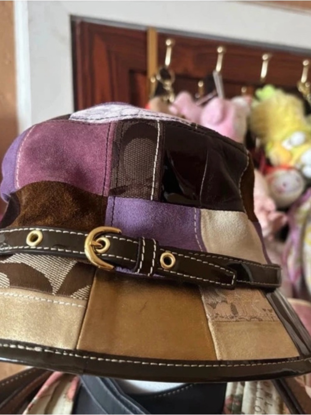 Coach Patchwork Bucket Hat in Purple, Brown & Tan with Gold Buckle